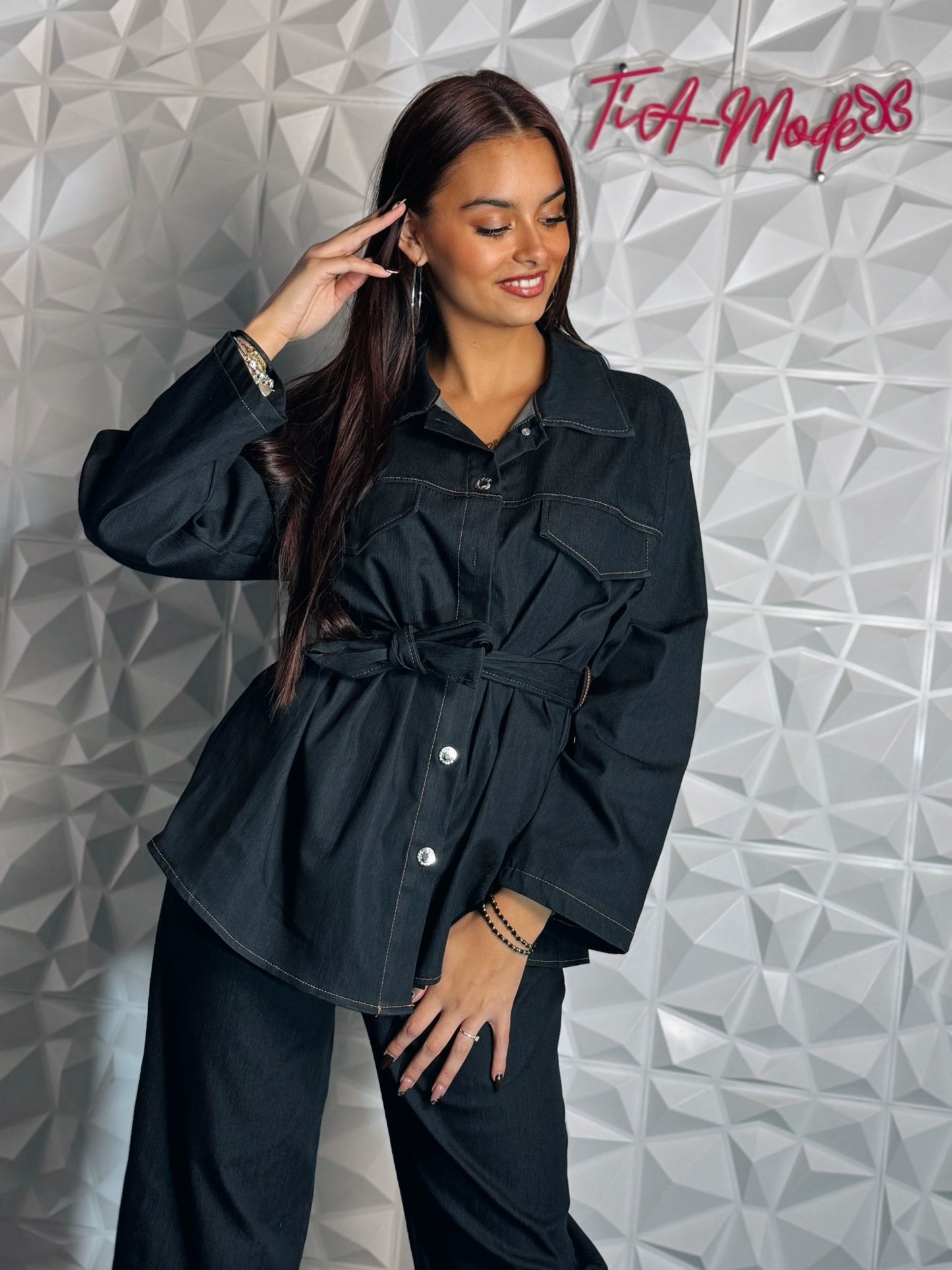 🖤 Ensemble jean noir ceinturé – veste & pantalon